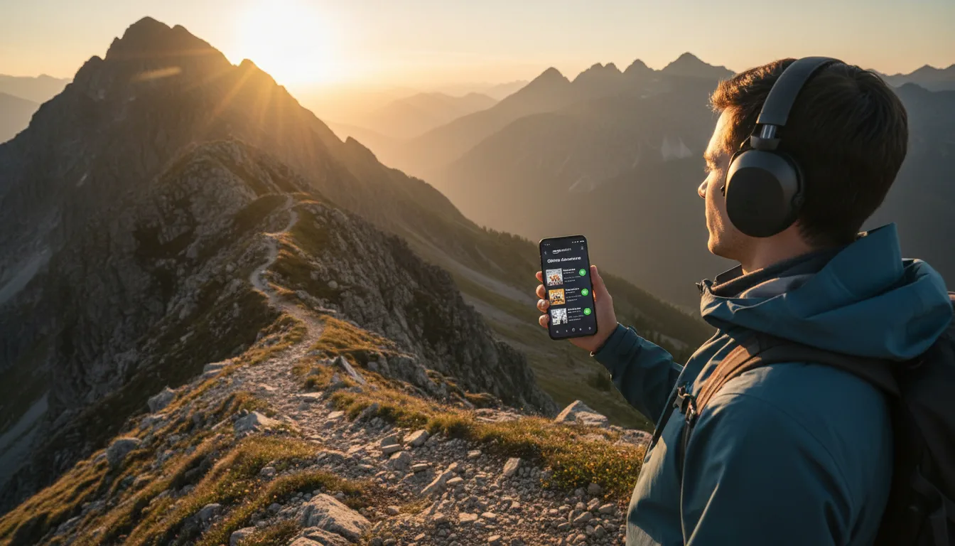 ノイズキャンセリングヘッドフォンを付けて人里離れた山間部をハイキングし、スマートフォンを持ち、Amazon Music のインターフェイスが表示されている人物の高品質の写真。