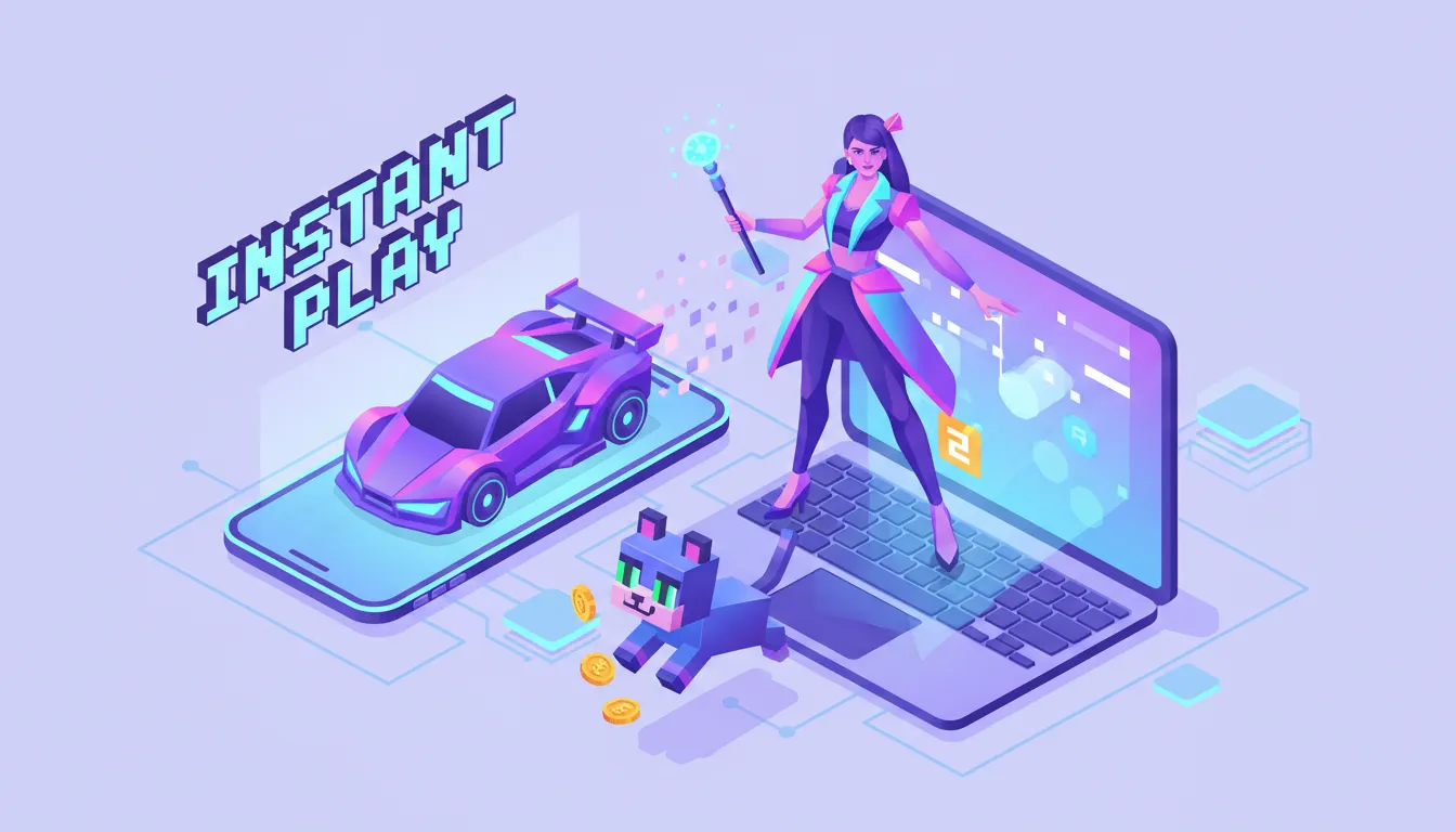 さまざまなデジタル ゲーム キャラクター (レーシング カー、ファッション モデル、ピクセル化されたかわいい猫) が、光るスマートフォンやラップトップの画面から浮かび上がる、鮮やかな 3D アイソメ図です。このスタイルはクリーンでモダン、そしてエネルギッシュで、インスタント ブラウザ ゲームを象徴しています。