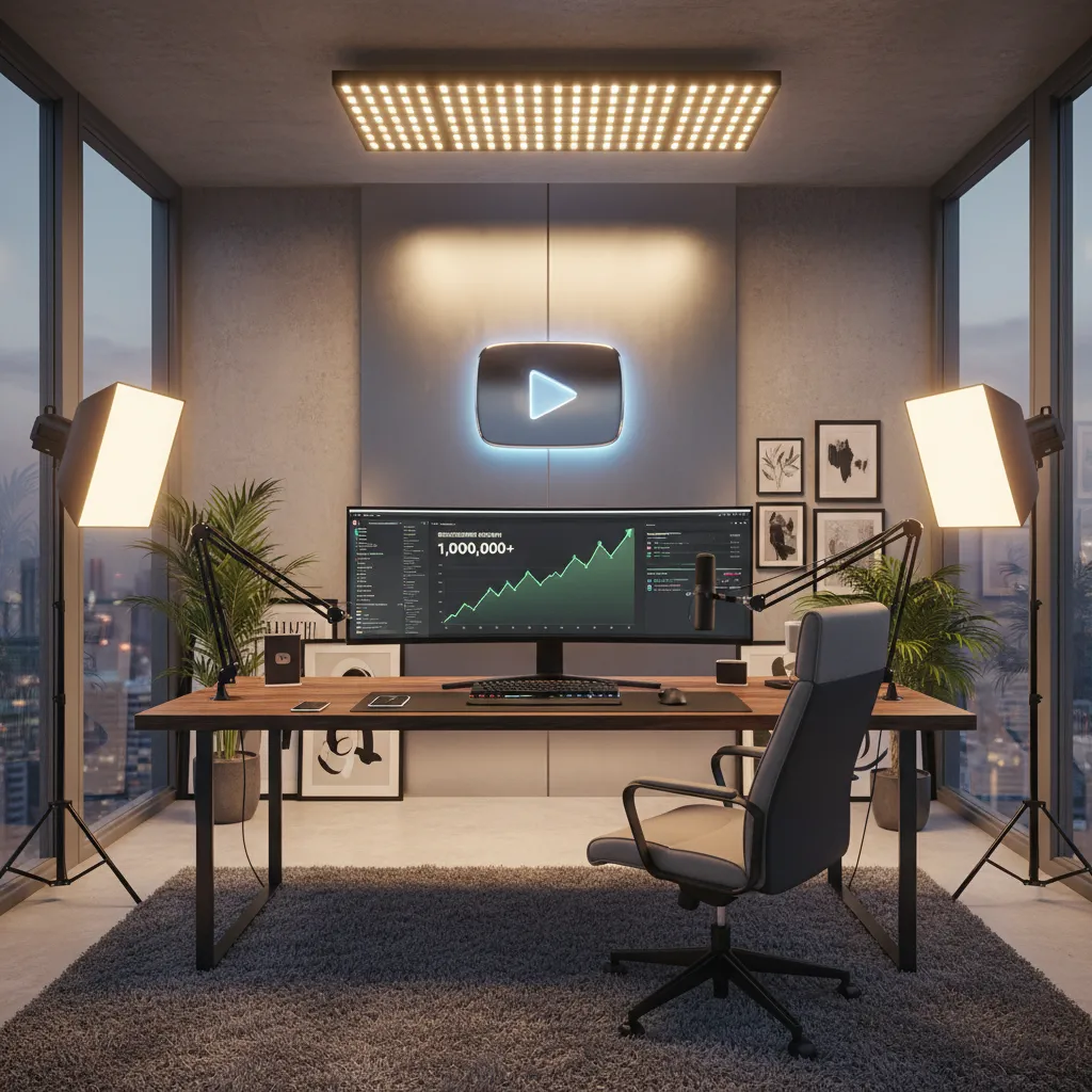 壁に輝く YouTube の銀色の再生ボタン、プロフェッショナルな照明、ハイエンドのマイク、上昇する分析グラフ、映画のような照明、8k 解像度、フォトリアリスティックなコンピューター画面を備えた、洗練されたモダンなホーム オフィス スタジオ セットアップ。